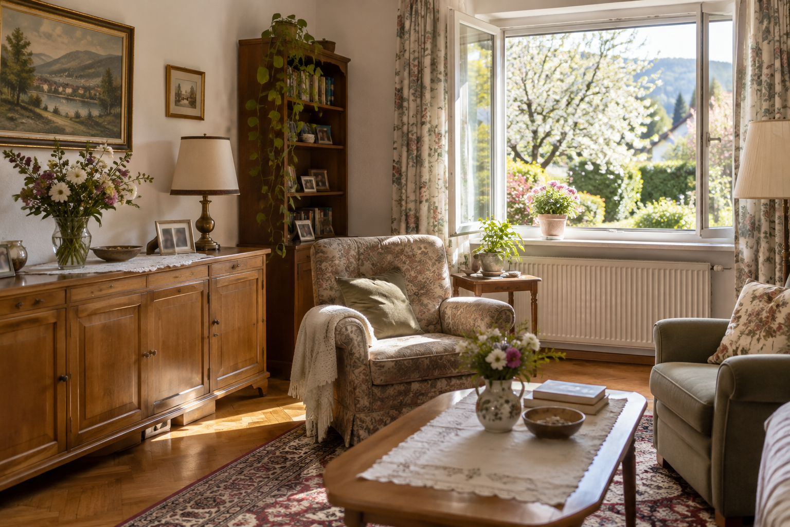 Das sonnige Wohnzimmer eines älteren österreichischen Elternhauses